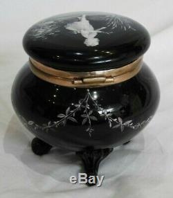 Late Victorian Mary Gregory Hand-Painted Black Art Glass Footed Box 4 High