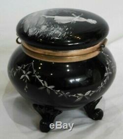 Late Victorian Mary Gregory Hand-Painted Black Art Glass Footed Box 4 High