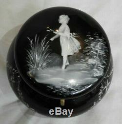 Late Victorian Mary Gregory Hand-Painted Black Art Glass Footed Box 4 High