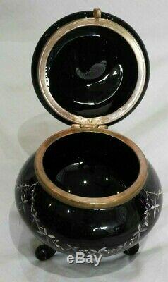 Late Victorian Mary Gregory Hand-Painted Black Art Glass Footed Box 4 High