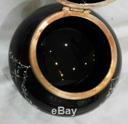 Late Victorian Mary Gregory Hand-Painted Black Art Glass Footed Box 4 High