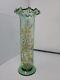 Legras Enameled Wild Flower Green Optic Molded Ruffled Vase 12 Inch