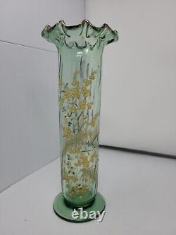 Legras Enameled Wild Flower Green Optic Molded Ruffled Vase 12 inch