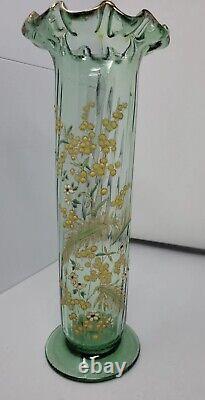 Legras Enameled Wild Flower Green Optic Molded Ruffled Vase 12 inch