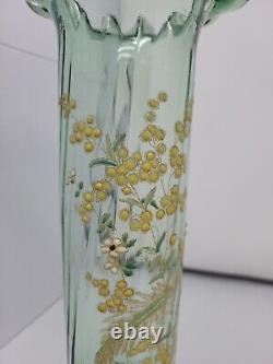 Legras Enameled Wild Flower Green Optic Molded Ruffled Vase 12 inch