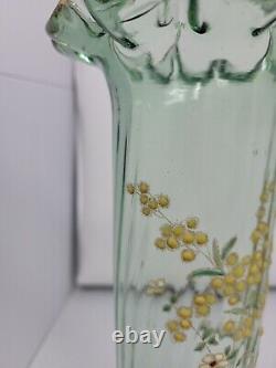 Legras Enameled Wild Flower Green Optic Molded Ruffled Vase 12 inch