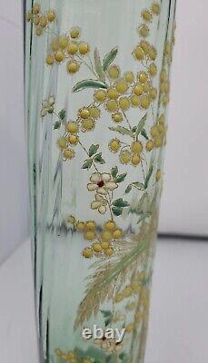 Legras Enameled Wild Flower Green Optic Molded Ruffled Vase 12 inch