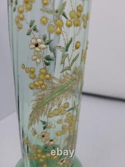 Legras Enameled Wild Flower Green Optic Molded Ruffled Vase 12 inch