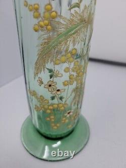 Legras Enameled Wild Flower Green Optic Molded Ruffled Vase 12 inch