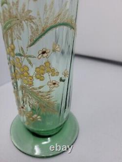 Legras Enameled Wild Flower Green Optic Molded Ruffled Vase 12 inch