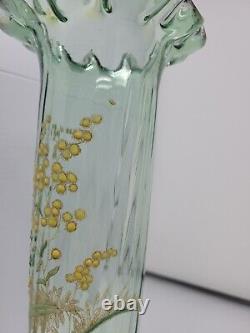 Legras Enameled Wild Flower Green Optic Molded Ruffled Vase 12 inch