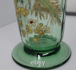 Legras Enameled Wild Flower Green Optic Molded Ruffled Vase 12 inch