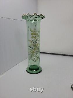 Legras Enameled Wild Flower Green Optic Molded Ruffled Vase 12 inch