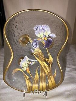 Legras/Mont Joye Art Glass footed Bowl-Iris Blooms-Chipped Ice withGold Victorian