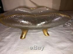 Legras/Mont Joye Art Glass footed Bowl-Iris Blooms-Chipped Ice withGold Victorian