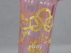 Legras Mont Joye Gold Floral & Ribbon Cranberry Pink Optic Molded Ruffled Vase