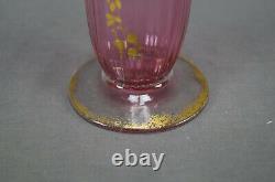 Legras Mont Joye Gold Floral & Ribbon Cranberry Pink Optic Molded Ruffled Vase