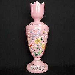 Lg Antique Harrach Bohemian Czech Pink Opaline Overlay Vase Flowers & Bees 15