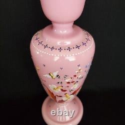 Lg Antique Harrach Bohemian Czech Pink Opaline Overlay Vase Flowers & Bees 15