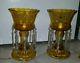 Lg Pair 2 Vintage 12 Victorian Czech Bohemian Yellow Cut Glass Mantle Lustres