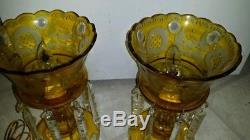 Lg Pair 2 Vintage 12 Victorian Czech Bohemian Yellow Cut Glass Mantle Lustres