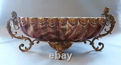 Loetz Marbled Glass Marmorierte Brides Bowl in Brass Basket Nymphs Centerpiece