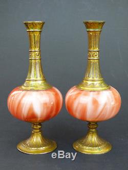 Loetz pair Carneol glass vases with metal mounts Bohemian Victorian Art Nouveau