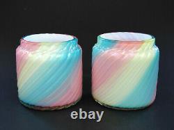 Loetz two spiral ribbed Rainbow glass vases pair 1890s Victorian Bohemian