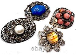 Lot 4 VTG Antique Victorian Filigree Czech Art Glass Brooches 1 w Owner Name