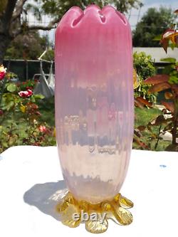Lovely Antique Stevens And Williams Pink Opalescent Tall Rose Bowl Vase