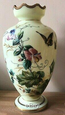 Lovely Large Bristol Glass Vase Flowers & Butterflies