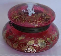 Lovely Victorian Moser Cranberry Glass Dresser Box Mary Gregory Gold Decorations