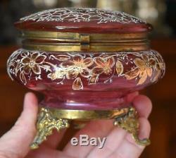 Lovely Victorian Moser Cranberry Glass Dresser Box W Gilded Floral Decorations