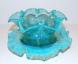 Lovely Vintage Victorian Art Glass Green Opalescent Finger Bowl & Underplate