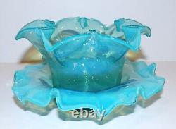 Lovely Vintage Victorian Art Glass Green Opalescent Finger Bowl & Underplate