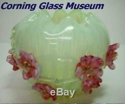 Lrg 1800's Stevens & Williams Vaseline Opalescent Rose Bowl Vase Applied Flowers