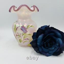Lynn Fenton Pink Glass Iridescent Vase Flowers Butterfly Plum Crest vase Ltd Ed