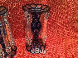 MAGNIFICENT Pair of Blue Overlay Victorian Lusters CANDLESTICK HOLDERS