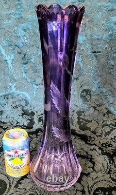 MOSER 1890 Poppy's Flowers, Leaves, Vines, Amethyst Cut To Clear Heavy Tall Vase