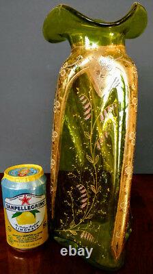 MOSER 1890's Art Nouveau Rare Blown Twisted Vase Enameled & 22K Gold 14 Tall