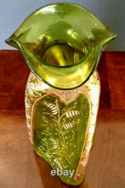 MOSER 1890's Art Nouveau Rare Blown Twisted Vase Enameled & 22K Gold 14 Tall