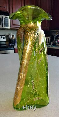 MOSER 1890's Art Nouveau Rare Blown Twisted Vase Enameled & 22K Gold 14 Tall
