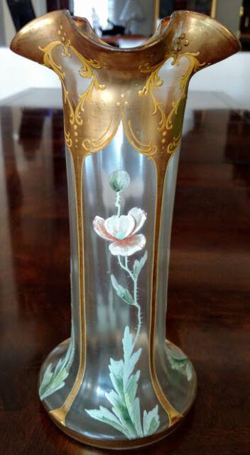 Moser 1890's Rare, Unique & Tall Beautiful Enameled & Gold Hearts & Rose Design