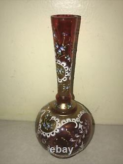 MOSER Cranberry Victorian Vase withGold Overlay Enamel Vintage