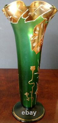 MOSER Early1900's Unique & Fine 12 Tall Green & Lots of Gold Flared Top Vase