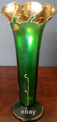 MOSER Early1900's Unique & Fine 12 Tall Green & Lots of Gold Flared Top Vase