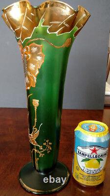 MOSER Early1900's Unique & Fine 12 Tall Green & Lots of Gold Flared Top Vase