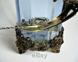 MOSER HARRACH 11 SALAMANDER Blue Amber APPLIED Antique BOHEMIAN Glass FOOT VASE