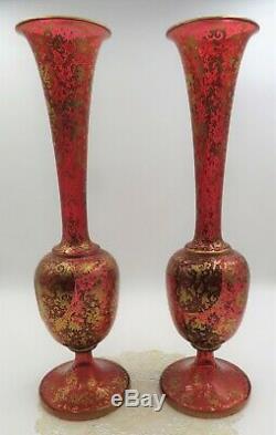 Magnificent Pair 19c Bohemian Cranberry Gilt 15 7/8 HP Flower Medallion Vases