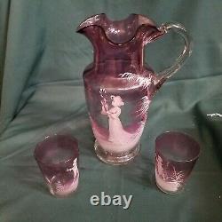 Mary Gregory Antique Bohemian Art Victorian Cranberry Pitcher with 2 glasses